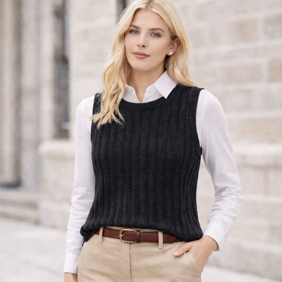 Banana Republic Sweaters - Banana Republic Womens Black Cotton Pointelle Knit Crew Neck Sweater Vest Size M